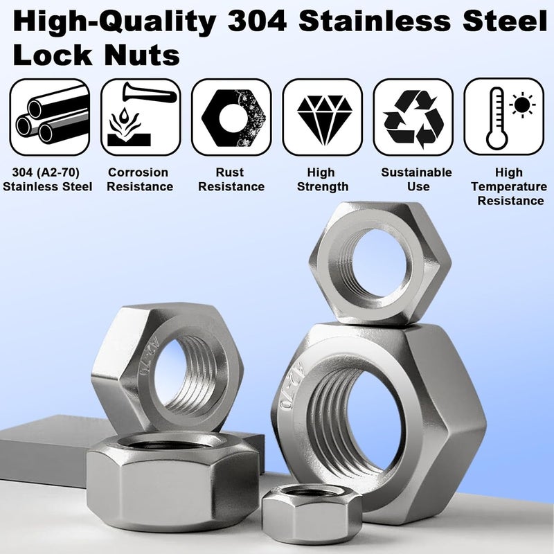 ZQZ 145 PCS Assorted Stainless Steel Hex Nuts Assortment Kit M3 M4 M5 M6 M8 M10 M12 Metric Hex Nut Set Hardware - Image 4